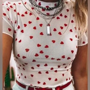 Sheer Red And White Heart Cropped Top Women's Top NWOT Size Large